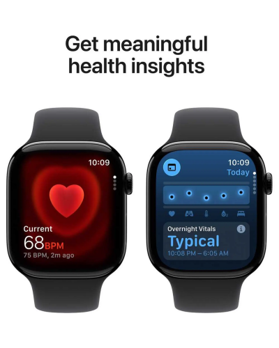 Apple Watch Series 11 GPS + Cellular, 42mm Jet Black Aluminum Case with Black Sport Band – S/M