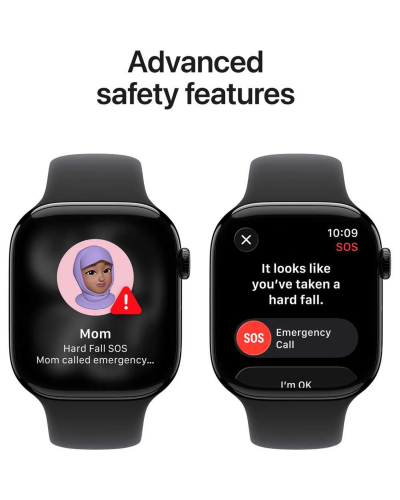 Apple Watch Series 11 GPS + Cellular, 42mm Jet Black Aluminum Case with Black Sport Band – S/M