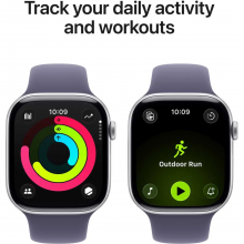 Apple Watch Series 11 GPS + Cellular, 46mm Silver Aluminum Case with Purple Fog Sport Band – S/M
